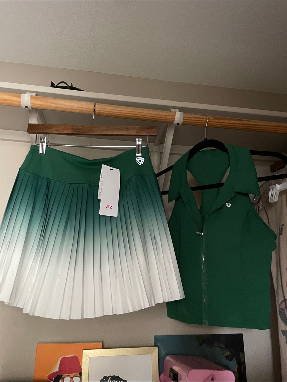 Green-to-White Ombre Pleated Skirt with Matching Green Zip-Front Vest Set